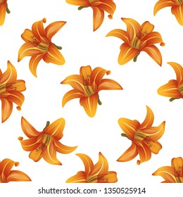 Orange Daylily. Vector illustration. Floral botanical flower. Wild leaf wildflower isolated. Exotic tropical hawaiian jungle. Seamless background pattern. Fabric wallpaper print texture.