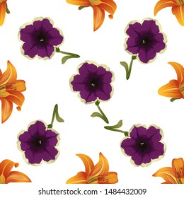 Orange Daylily. Violet Petunia. Vector illustration. Seamless background pattern. Floral botanical flower. Wild leaf wildflower isolated. Exotic tropical hawaiian jungle. Fabric wallpaper print.