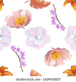Orange Daylily. White Camellia. Orange Tropical Leaf. Pink Peony. Purple Komakusa. Vector illustration. Seamless background pattern. Floral botanical flower. Wild leaf wildflower isolated. Exotic.