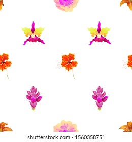Orange Daylily. Yellow Magnolia. Orange Rose Mallow. Pink Orchid. Pink Ginger. Vector illustration. Seamless background pattern. Floral botanical flower. Wild leaf wildflower isolated. Exotic.