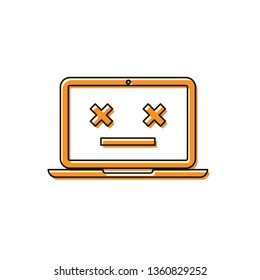 Orange Dead laptop icon isolated on white background. 404 error like laptop with dead emoji. Fatal error in pc system. Vector Illustration