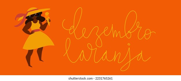 Orange December in portuguese Dezembro Laranja, Brazil campaign for skin cancer awareness. Handwritten calligraphy lettering, brown skin adult woman in strawhat vector art banner