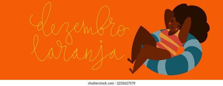 Orange December in portuguese Dezembro Laranja, Brazil campaign for skin cancer awareness. Handwritten calligraphy lettering, brown skin adult woman sunbathing vector art banner