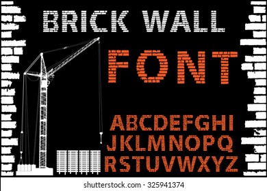 Orange decorative brick wall style font on building set black background. Vector illustration