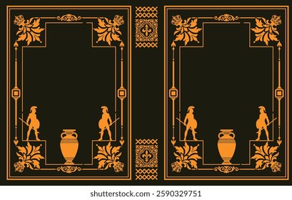 Orange decorative frame featuring greek warriors, amphora, crowns, and floral ornaments on a black background. Hand drawn Illustration