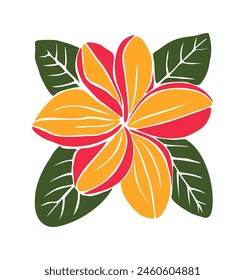 Orange dekorative frische blühende Plumeria Blumen mit Blättern. Handgezeichnetes Umriss-Blumensymbol. Vektorgrafik flache Illustration auf weißem Hintergrund.