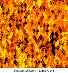 Orange decorative seamless texture from rhombus, spirals, organic elements. Abstract vector background for web page, banners backdrop, fabric, home decor, wrapping