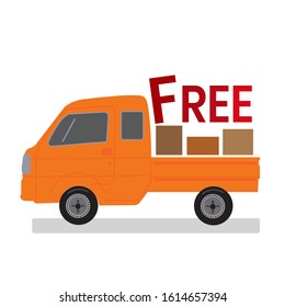 orange delivery car with box on the trunk and free shipping