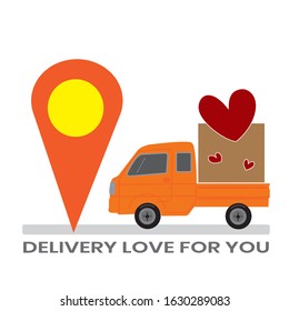 orange delivery car with box on the trunk with heart