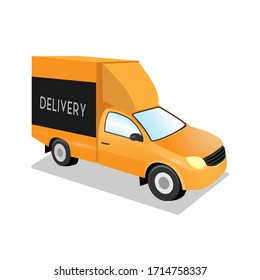 Orange delivery car with shadow and  Product goods shipping transport. Fast service truck.