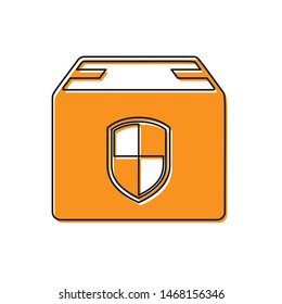 Orange Delivery pack security symbol with shield icon isolated on white background. Delivery insurance. Insured cardboard boxes beyond the shield.  Vector Illustration