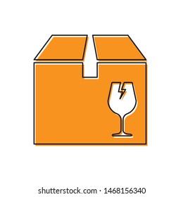Orange Delivery package box with fragile content symbol of broken glass icon isolated on white background. Box, package, parcel sign.  Vector Illustration