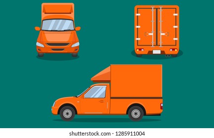 Orange Delivery Pickup Truck With Car Steel Grating Plastic Top Cover Passenger Front Side Back View Transport Vector Illustration Eps10