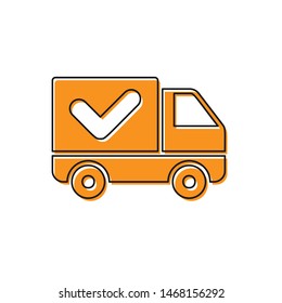 Orange Delivery truck with check mark icon isolated on white background.  Vector Illustration