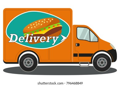 Orange delivery truck side view burger poster. Colorful vector illustration for certificate banner sticker, badge sign, stamp, logo, icon label.