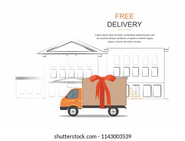 Orange delivery van with ribbon and  on city background. Product goods shipping transport. Free service truck. Vector Illustration