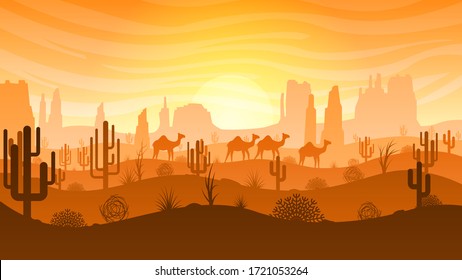 Orange Desert Background Vector Silhouette With Cactus Mountains And Camel Nature Landscape