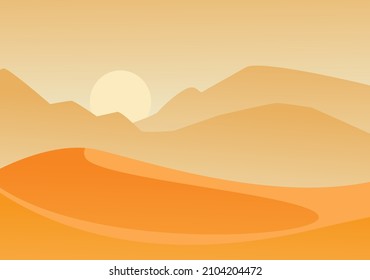 Orange desert with rising sun landscape. Hot large disc hanging on sand dunes arid plain without plants and animals disastrous dry place africa wilderness. Vector cartoon environment.