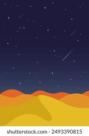 Orange Desert starry sky landscape illustration. Sunset twilight dusk sky for Islamic religion