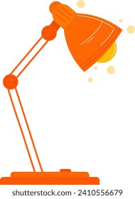 Orange desk lamp illuminated, light shining from modern lamp, task lighting. Workspace light, home office lamp decor vector illustration.