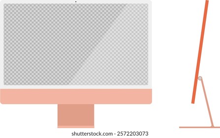 Orange desktop computer monitor with side angle empty display, device screen mockup, blank screen vector