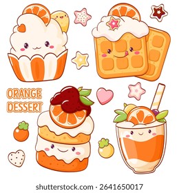 Orange dessert collection. Set of stickers with cute character in kawaii style. Cake, muffin, smoothie with whipped cream and citrus. Can be used for t-shirt print, sticker, greeting card. Vector EPS8