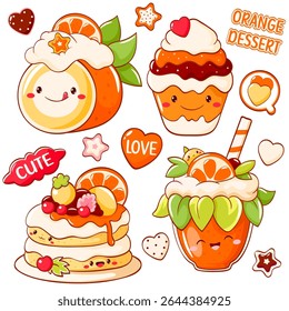 Orange dessert collection. Set of stickers with cute character in kawaii style. Cake, muffin, smoothie with whipped cream and citrus. Can be used for t-shirt print, sticker, greeting card. Vector EPS8