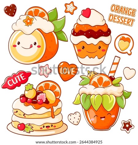 Orange dessert collection. Set of stickers with cute character in kawaii style. Cake, muffin, smoothie with whipped cream and citrus. Can be used for t-shirt print, sticker, greeting card. Vector EPS8