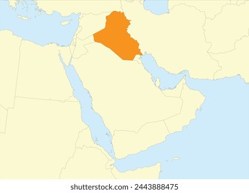 Orange detailed blank political map of IRAQ with black national country borders on beige continent background and blue sea surfaces using orthographic projection of the Middle East