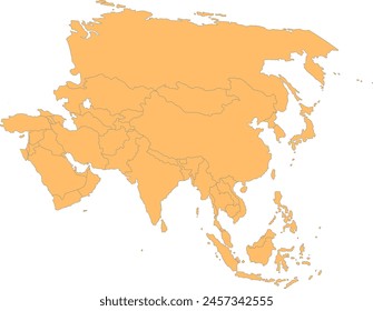 Orange detailed blank political map of ASIA with black country borders using orthographic projection on transparent background