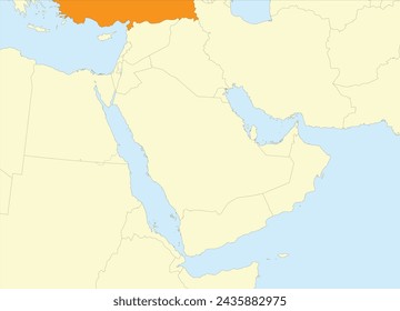 Orange detailed CMYK blank political map of TURKEY (TÜRKIYE) with black national country borders on beige continent background and blue sea surfaces using orthographic projection of the Middle East