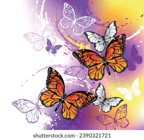 Naranja, mariposas monarcas detalladas sobre la luz, púrpura, pintoresca, fondo pintado. arte vectorial dibujado a mano