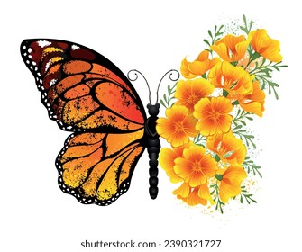 Mariposa naranja, monarca detallada con ala decorada con amapola californiana amarilla y vibrante sobre fondo blanco. arte vectorial dibujado a mano