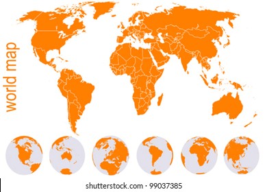 Orange detailed world map with Earth globes