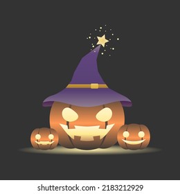 Orange devil pumpkin smile lantern wearing purple witch hat in night on dark background Halloween cartoon character vector design.