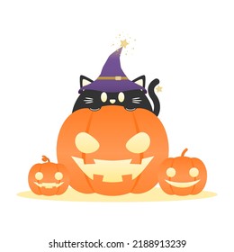 Orange devil pumpkin smile lantern with black cute cat wearing purple witch hat star on white background Halloween cartoon character vector design.