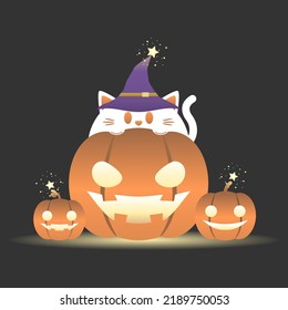 Orange devil pumpkin smile lantern with white cute cat wearing purple witch hat star on black background Halloween cartoon character vector design.