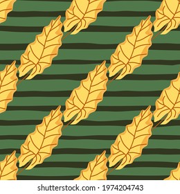 Orange diagonal doodle leaf ornament seamless pattern. Green striped background. Abstract style. Decorative backdrop for fabric design, textile print, wrapping, cover. Vector illustration.