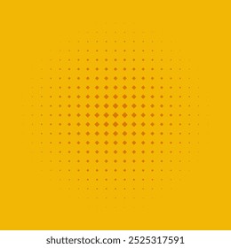 Orange diagonal squares, halftone gradient circle. A circular arrangement of angled shapes. Isolated on a pale background.