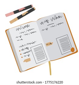 Orange diary with a check list.Writing down goals to achieve in notepad or making To Do List. Top view. Effective personal planning and organization. Colorful vector illustration in flat cartoon style