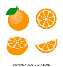 Orange. Different parts and different amounts of fruit. Flat vector illustration.