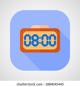 orange digital clock with blue number display on blue button, display application in mobile concept, vector flat design illustration.