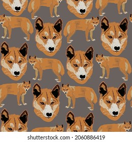Orange dingo on dark brown background. Seamless vector pattern. Surface design for fabric, wallpaper, wrapping paper, invitation card, scrapbooking.