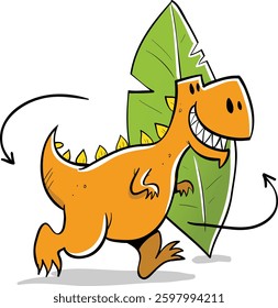 orange dinosaur running around a green leaf