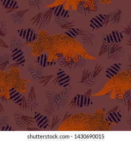 Orange dinosaurs Triceratops among the leaves and footprints. Seamless pattern for fabric, gift paper. Vector