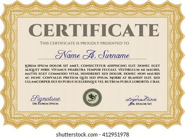 Orange Diploma. With background. Excellent design. Border, frame. 