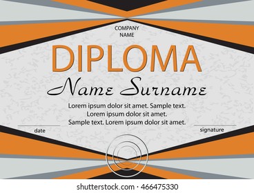 Orange diploma or certificate. Reward. Winning the competition. Award winner. Vector illustration. The text on separate layer.