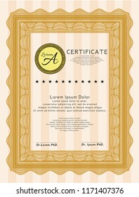 Orange Diploma or certificate template. Artistry design. Detailed. With great quality guilloche pattern. 