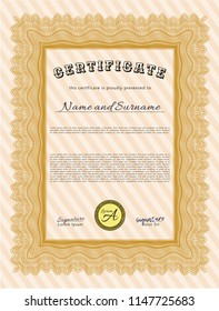 Orange Diploma or certificate template. With background. Nice design. Detailed. 