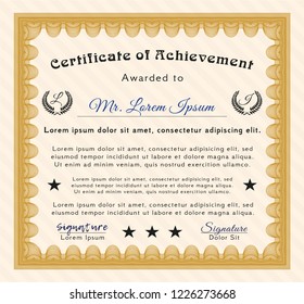 Orange Diploma or certificate template. With background. Vector illustration. Money design. 